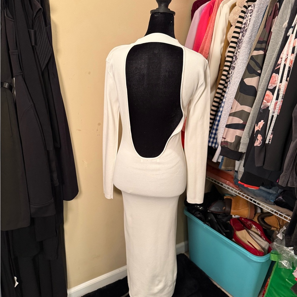Zara White Long Sleeve Open-Back Dress